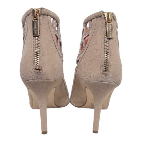 Michael Kors Yvonne Size 8.5M Yvonne Peep Toe Beige Bedazzled Zip Up High Heels - Picture 6 of 9